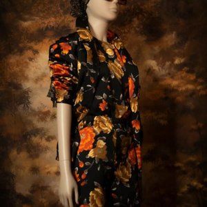 Floral Satin Pantsuit - Black with Gold & Orange Floral
